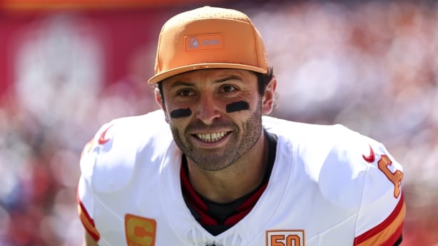 Baker Mayfield #6 of the Tampa Bay Buccaneers runs onto the field prior to an NFL football game against the New York Jets at Raymond James Stadium on September 21, 2025 in Tampa, Florida.