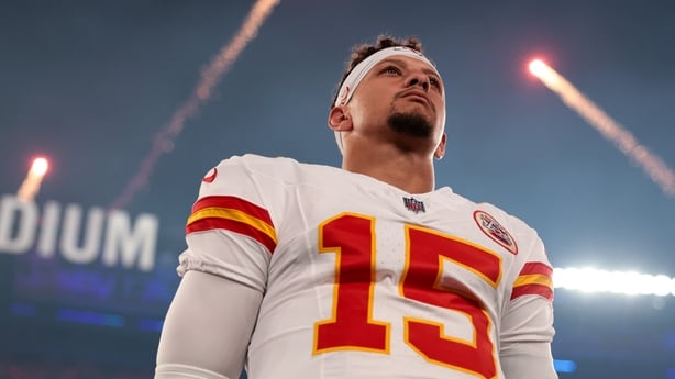 EAST RUTHERFORD, NEW JERSEY - SEPTEMBER 21: Patrick Mahomes #15 of the Kansas City Chiefs stands on the sideline during the national anthem prior to the game against the New York Giants at MetLife Stadium on September 21, 2025. (Photo by Kathryn Riley/Getty Images)
