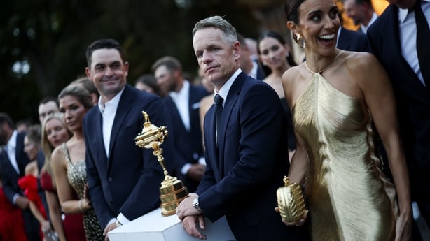 SANDS POINT, NEW YORK - SEPTEMBER 23: Captain Luke Donald of Team Europe and Captain Keegan Bradley of Team United States look on before a group photo with the Ryder Cup during the Ryder Cup Teams' Welcome Dinner prior to the Ryder Cup 2025 at Hempstead House on September 23, 2025 in Sands Point, Ne