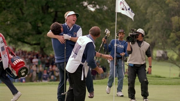24 Sep 1995: Phillip Walton of the European team celebrates with team captain Bernard Gallacher after clinching the decisive victory in the Final Day Singles of the Ryder Cup at Oak Hill Country Club in Rochester, New York, USA. Walton defeated Jay Haasby one hole to give the Europeans a 14.5 to 13.