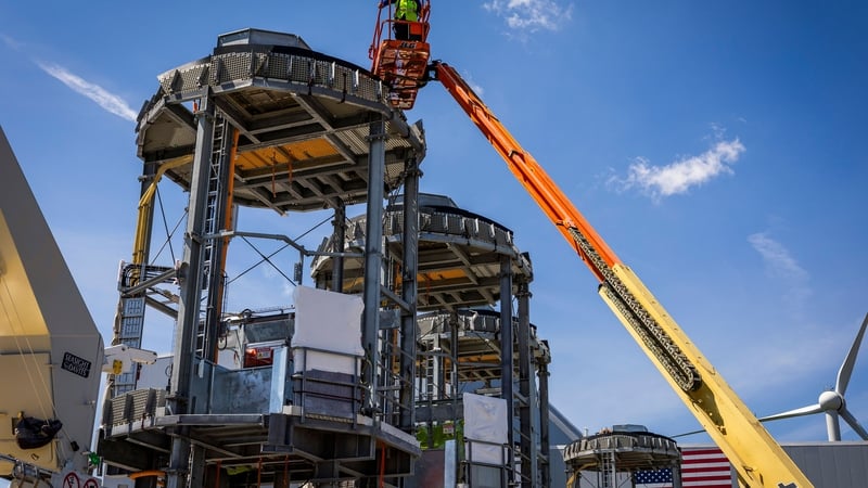 Wind turbine foundation components at the Revolution Wind construction hub in Rhode Island in the US