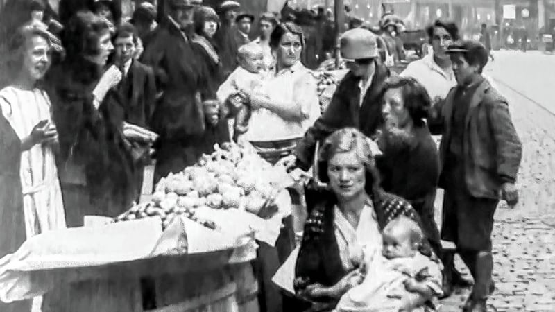 Women working from stalls on what is now South Great Georges Street in Dublin in 1927. Photo: Public domain