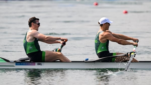 Ross Corrigan, left, and Nathan Timoney of Team Ireland during the Men's Pair A Final at Vaires-sur-Marne Nautical Stadium during the 2024 Paris Summer Olympic Games in Paris, France. (Photo By David Fitzgerald/Sportsfile via Getty Images)