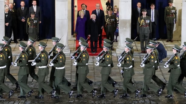 President Michael D Higgins reviews members of the Defence Forces at Dublin Castle after being inaugurated as president for a second term. PRESS ASSOCIATION Photo. Picture date: Sunday November 11, 2018. See PA story IRISH President. Photo credit should read: Niall Carson/PA Wire