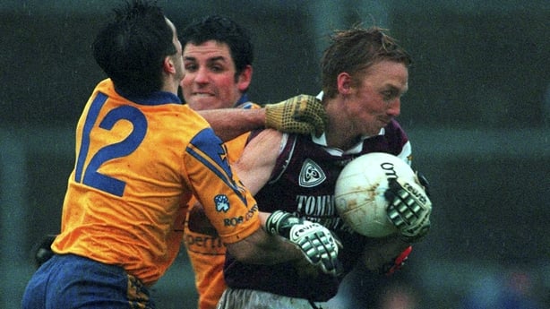 Galway's Lorcan Colleran breaks through a Roscommon tackle during the National League game that took place in October 2000, 22 days after the Tribesmen defeated Kerry in an All-Ireland final replay