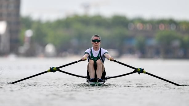 25 September 2025; Siobhan McCrohan of Ireland competes in the Lightweight Women's Single Sculls Semifinal during the 2025 World Rowing Championships at the Shanghai Water Sports Centre in Shanghai, China. Photo by Benedict Tufnell/Sportsfile 