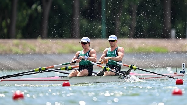 25 September 2025; Philip Doyle, right, and Fintan McCarthy of Ireland compete in the Men's Double Heavyweight Sculls Semifinal during the 2025 World Rowing Championships at the Shanghai Water Sports Centre in Shanghai, China. Photo by Benedict Tufnell/Sportsfile