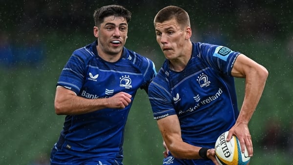 7 June 2025; Sam Prendergast, right, and Jimmy O'Brien of Leinster during the United Rugby Championship semi-final match between Leinster and Glasgow Warriors at the Aviva Stadium in Dublin. Photo by Seb Daly/Sportsfile