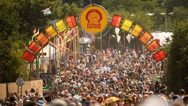 Crowds of festival-goers fill the pathways during day three of Glastonbury festival 2025 at Worthy Farm, Pilton on 27 June, 2025 in Glastonbury