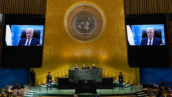Palestinian Authority President Mahmud Abbas addresses the United Nations General Assembly in New York via videocall.