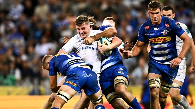 Gus McCarthy of Leinster is tackled by Marcel Theunissen and Ruben van Heerden of the Stormers during the last Cape Town meeting of the sides in 2024