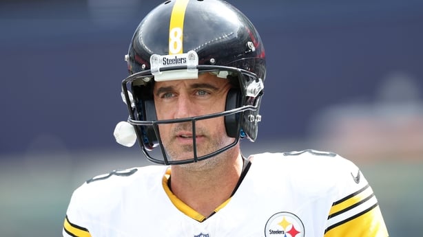 FOXBOROUGH, MASSACHUSETTS - SEPTEMBER 21: Aaron Rodgers #8 of the Pittsburgh Steelers looks on against the New England Patriots at Gillette Stadium on September 21, 2025 in Foxborough, Massachusetts. (Photo by Jordan Bank/Getty Images)