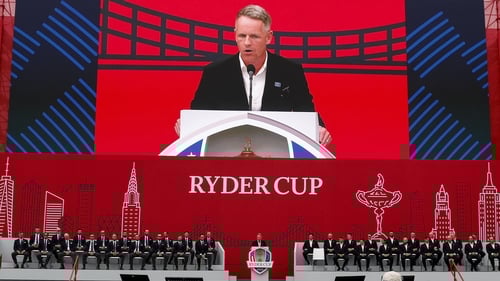 Europe captain Luke Donald speaking at the opening ceremony of the 2025 Ryder Cup