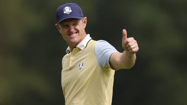 Justin Rose of Team Europe gives a thumbs up during a practice round prior to the Ryder Cup 2025 at Black Course at Bethpage State Park Golf Course on September 24, 2025 in Farmingdale, New York.