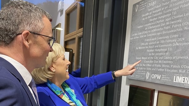 Minister Patrick O'Donovan welcomes Heather Humphreys to Patrickswell Community Centre which she officially opened in 2024