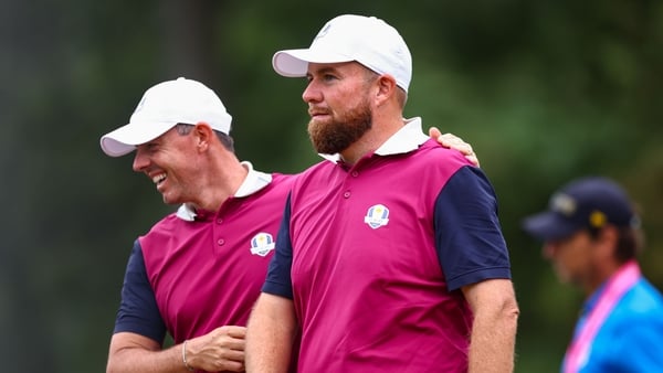 25 September 2025; Rory McIlroy, left, and Shane Lowry of Europe during a practice round before the 2025 Ryder Cup at Black Course at Bethpage State Park Golf Course in Farmingdale, New York, USA. Photo by Vaughn Ridley/Sportsfile