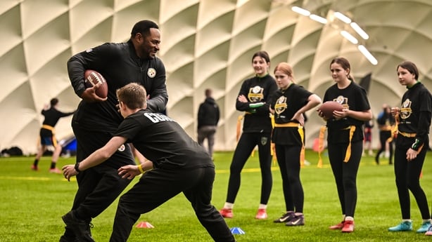25 September 2025; The Pittsburgh Steelers visited Northern Ireland today ahead of their first-ever NFL regular season game in Ireland this Sunday at Dublin's Croke Park, where they will face the Minnesota Vikings. Steelers President Art Rooney II and his son, Dan Rooney Jr., visited Belfast first,