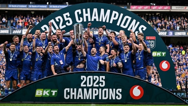 14 June 2025; Leinster captains Caelan Doris and Jack Conan and retiring teammate Cian Healy lift the URC trophy as they team celebrate after the United Rugby Championship Grand Final match between Leinster and Vodacom Bulls at Croke Park in Dublin. Photo