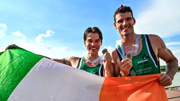 26 September 2025; Philip Doyle, right, and Fintan McCarthy of Ireland, celebrate winning bronze in the Men’s Double Sculls Final, during the 2025 World Rowing Championships at the Shanghai Water Sports Centre in Shanghai, China. Photo by Benedict Tufnell