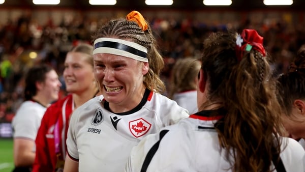 BRISTOL, ENGLAND - SEPTEMBER 19: Karen Paquin of Canada appears emotional following victory in the Women's Rugby World Cup 2025 Semi Final match between New Zealand and Canada at Ashton Gate on September 19, 2025 in Bristol, England. (Photo by Molly Darli