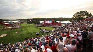 FARMINGDALE, NEW YORK - SEPTEMBER 26: A general view 
as Bryson DeChambeau of Team United States tees off on the first hole during the Friday morning foursomes matches of the 2025 Ryder Cup at Black Course at Bethpage State Park Golf Course on September 2