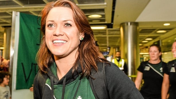 18 August 2014; Ireland's Lynne Cantwell, and coach Philip Doyle, pictured in Dublin Airport on their return from the Women's Rugby World Cup in France. Dublin Airport, Dublin. Picture credit: Ramsey Cardy / SPORTSFILE