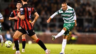 Graham Burke of Shamrock Rovers scores his side's first goal during the SSE Airtricity Men's Premier Division match between Shamrock Rovers and Bohemians at Tallaght Stadium in Dublin.