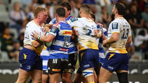 26 September 2025; Players from both side's including Paddy McCarthy of Leinster, left, tussle during the United Rugby Championship match between DHL Stormers and Leinster at DHL Stadium in Cape Town, South Africa. Photo by Shaun Roy/Sportsfile