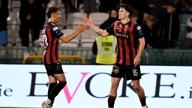 James Clarke of Bohemians, right, celebrates with team-mate Archie Meekison after scoring against Shamrock Rovers - Premier Division, September 2025
