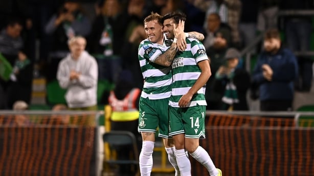 Danny Mandroiu of Shamrock Rovers (r) celebrates with team-mate Danny Grant after scoring against Bohemians - Premier Division, September 2025