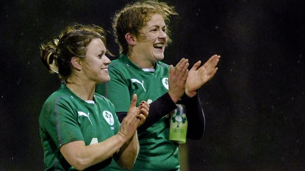 7 February 2014; Lynne Cantwell, left, and Fiona Coghlan, Ireland, thank supporters after the match. Women's Six Nations Rugby Championship, Ireland v Wales, Ashbourne RFC, Ashbourne, Co. Meath. Picture credit: Ramsey Cardy / SPORTSFILE