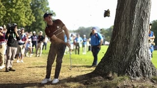 FARMINGDALE, NEW YORK - SEPTEMBER 27: Rory McIlroy of Team Europe plays a shot during the Saturday morning foursomes matches of the 2025 Ryder Cup at Black Course at Bethpage State Park Golf Course on September 27, 2025 in Farmingdale, New York. (Photo by