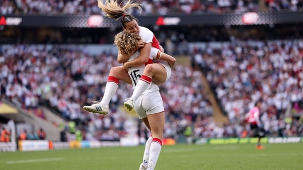 LONDON, ENGLAND - SEPTEMBER 27: Ellie Kildunne of England celebrates scoring her team's first try with Jess Breach during the Women's Rugby World Cup 2025 Final match between Canada and England at Twickenham Stadium on September 27, 2025 in London, Englan