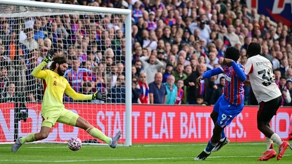 Crystal Palace's English striker #09 Eddie Nketiah shoots to score their late winner during the English Premier League football match between Crystal Palace and Liverpool at Selhurst Park in south London on September 27, 2025.