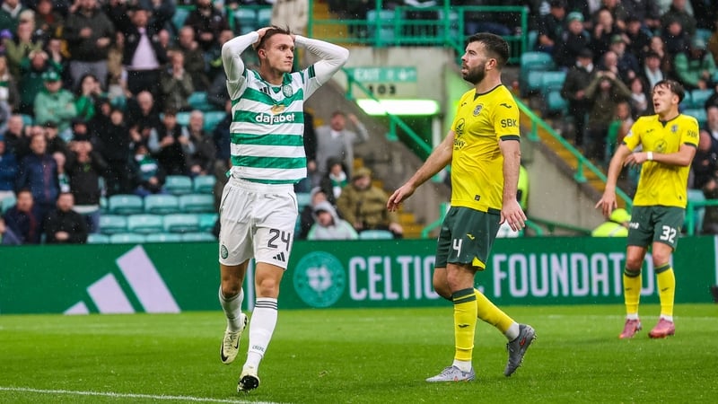 Celtic's Johnny Kenny reacts after missing a header against Hibernian