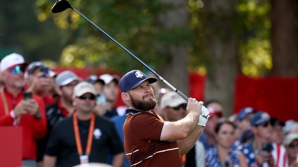 FARMINGDALE, NEW YORK - SEPTEMBER 27: Tyrrell Hatton of Team Europe plays his shot from the 12th tee during the Saturday morning foursomes matches of the 2025 Ryder Cup at Black Course at Bethpage State Park Golf Course on September 27, 2025 in Farmingdale, New York. (Photo by Jared C. Tilton/Getty