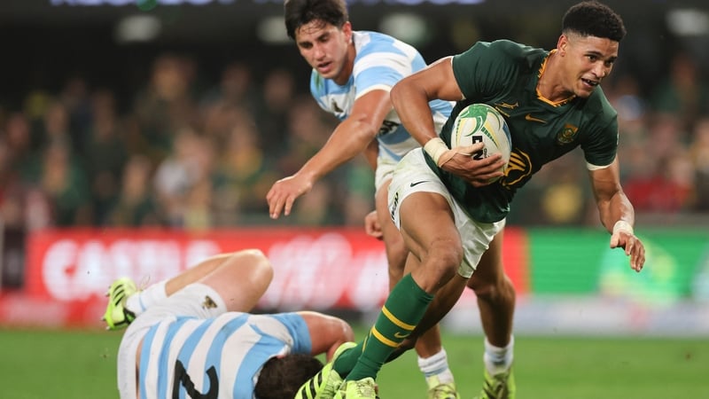 South Africa's fly-half Sacha Feinberg-Mngomezulu scored three tries