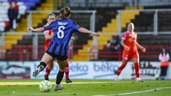 Hannah Waesch of Athlone Town shoots to score her side's first goal during the SSE Airtricity Women's Premier Division match between Shelbourne and Athlone Town at Tolka Park in Dublin.