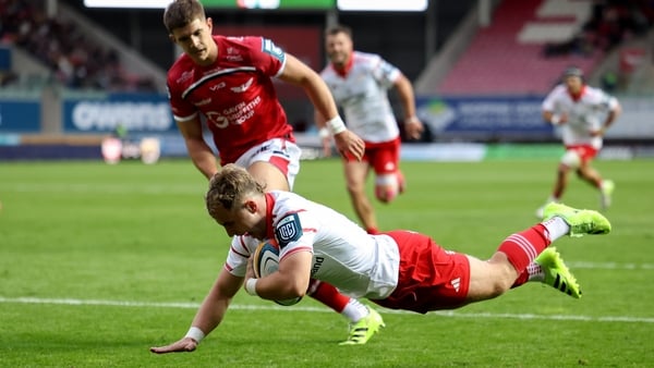 27 September 2025; Craig Casey of Munster dives over to score a try during the United Rugby Championship match between Scarlets and Munster at Parc Y Scarlets in Llanelli, Wales. Photo by Gareth Everett/Sportsfile