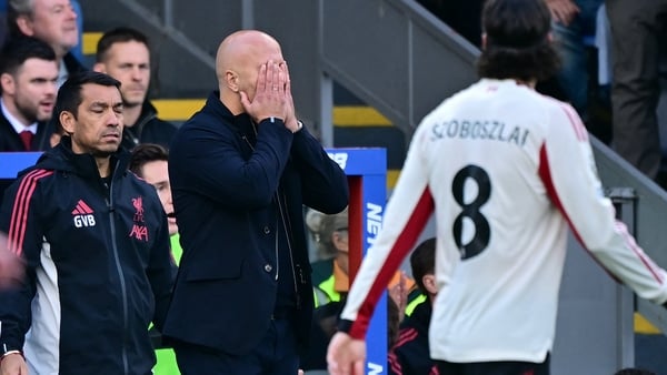 Liverpool's Dutch manager Arne Slot gestures on the touchline during the English Premier League football match between Crystal Palace and Liverpool at Selhurst Park in south London on September 27, 2025.