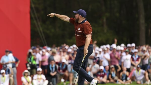 FARMINGDALE, NY - SEPTEMBER 27: Shane Lowry of Team Europe reacts after making his putt on the fourth hole during the 2025 Ryder Cup on the Black Course at Bethpage State Park on Saturday, September 27, 2025 in Farmingdale, New York. (Photo by Scott Taets