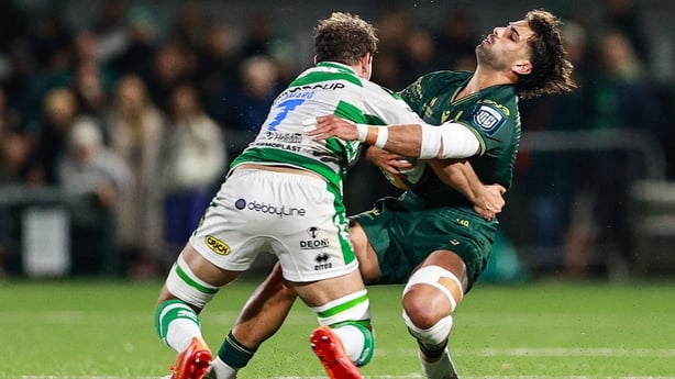27 September 2025; Byron Ralston of Connacht collides with Michele Lamaro of Benetton Treviso during the United Rugby Championship match between Connacht and Benetton Treviso at Dexcom Stadium in Galway. Photo by Thomas Flinkow/Sportsfile