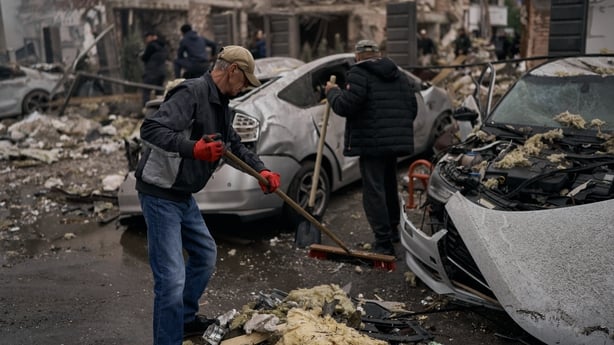 Townhouses are seen destroyed and damaged in Petropavlivska Borshchahivka on the outskirts of Kyiv following a Russian overnight attack