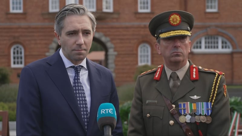 Simon Harris and Lieutenant General Rossa Mulcahy speaking at a Veterans' Day event