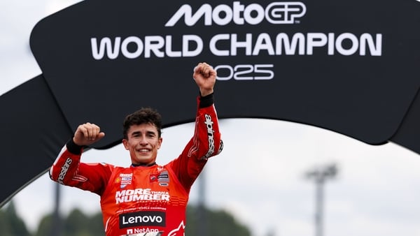 Ducati Lenovo team rider Marc Marquez celebrates becoming world champion after the race during the 2025 Motul Grand Prix.