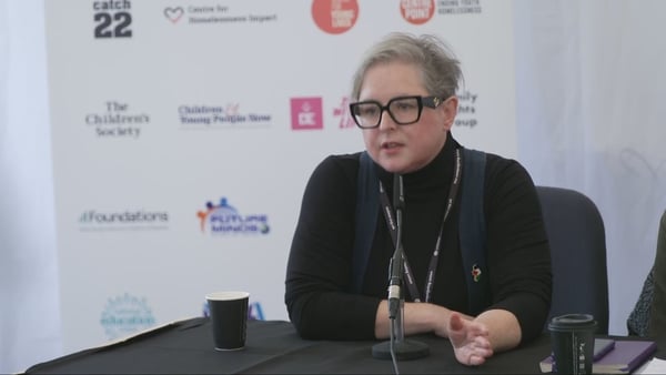 Siobhan McSweeney speaks at a press conference
