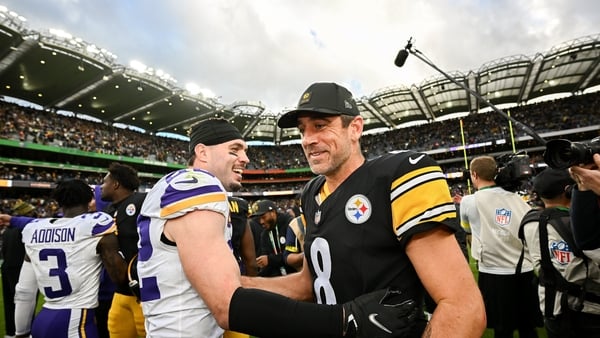 Quarterback Aaron Rodgers #8 of Pittsburgh Steelers and Safety Harrison Smith #22 of Minnesota Vikings after the 2025 NFL International Game between the Pittsburgh Steelers and the Minnesota Vikings at Croke Park in Dublin.