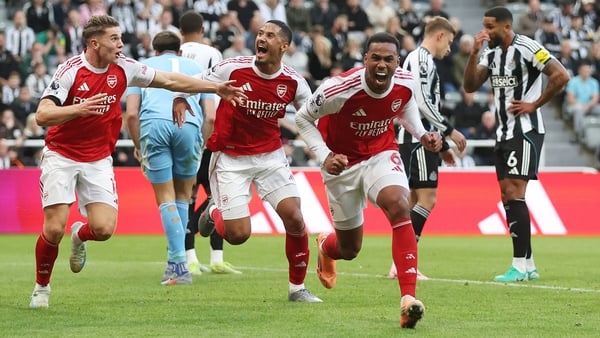 Gabriel of Arsenal celebrates scoring his team's second goal during the Premier League match between Newcastle United and Arsenal at St James' Park on September 28, 2025 in Newcastle upon Tyne, England.