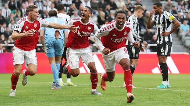 Gabriel of Arsenal celebrates scoring his team's second goal during the Premier League match between Newcastle United and Arsenal at St James' Park on September 28, 2025 in Newcastle upon Tyne, England.