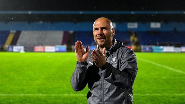25 April 2025; Waterford interim head coach Matt Lawlor celebrates after his side's victory in the SSE Airtricity Men's Premier Division match between Waterford and Derry City at the Regional Sports Centre in Waterford. Photo by Tyler Miller/Sportsfile